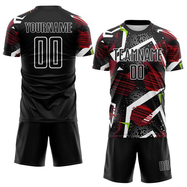 Custom Black Red Neon Green-White Geometric Asymmetry Shatter Sublimation Soccer Uniform Jersey alternate