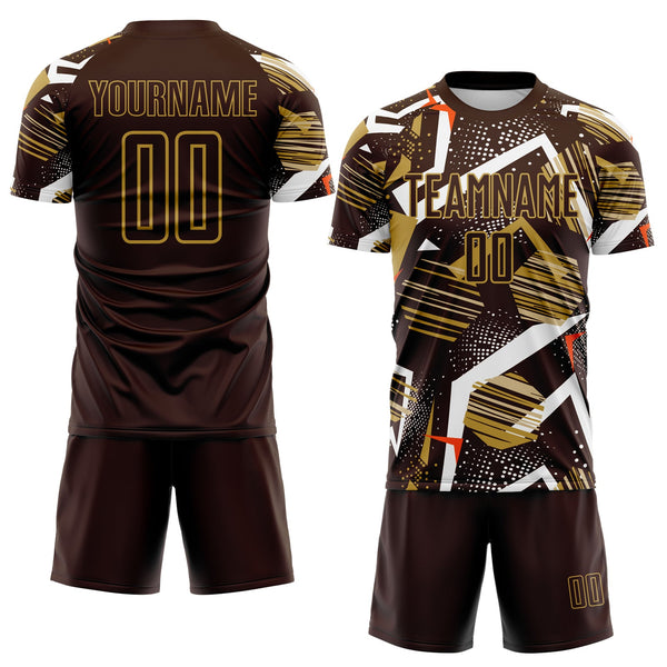 Custom Brown White Orange-Old Gold Geometric Asymmetry Shatter Sublimation Soccer Uniform Jersey alternate