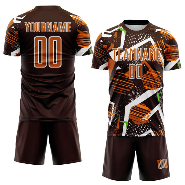 Custom Brown Texas Orange Neon Green-White Geometric Asymmetry Shatter Sublimation Soccer Uniform Jersey alternate