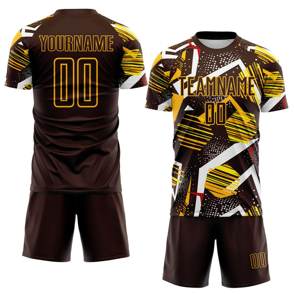 Custom Brown Red White-Gold Geometric Asymmetry Shatter Sublimation Soccer Uniform Jersey alternate