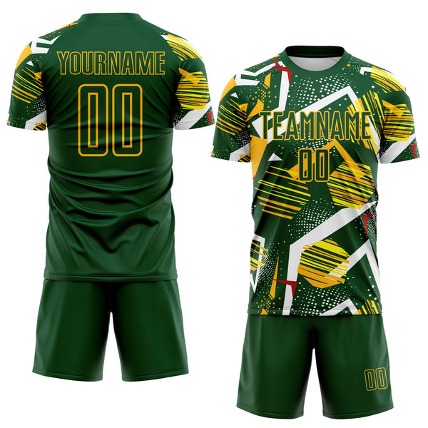Custom Green Red White-Gold Geometric Asymmetry Shatter Sublimation Soccer Uniform Jersey alternate