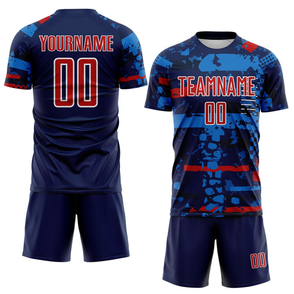 Custom Navy Red Blue-White Abstract Geometric Stripe Fragment Sublimation Soccer Uniform Jersey alternate