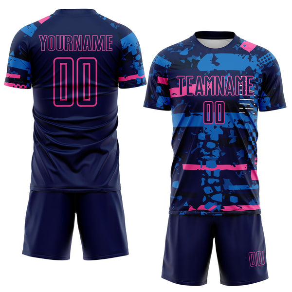 Custom Navy Pink-Blue Abstract Geometric Stripe Fragment Sublimation Soccer Uniform Jersey alternate