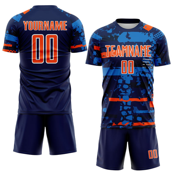 Custom Navy Orange Blue-White Abstract Geometric Stripe Fragment Sublimation Soccer Uniform Jersey alternate