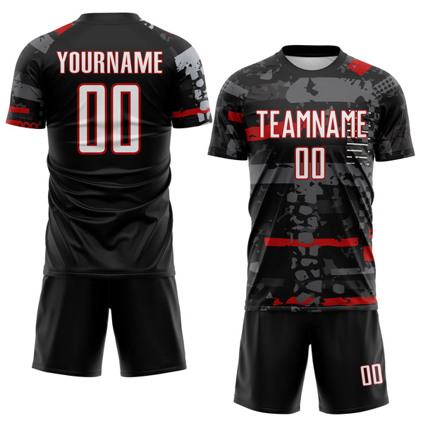 Custom Black White Red-Gray Abstract Geometric Stripe Fragment Sublimation Soccer Uniform Jersey alternate
