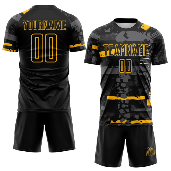 Custom Black Gold-Gray Abstract Geometric Stripe Fragment Sublimation Soccer Uniform Jersey alternate