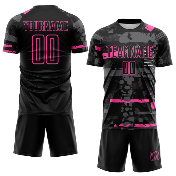 Custom Black Pink-Gray Abstract Geometric Stripe Fragment Sublimation Soccer Uniform Jersey alternate