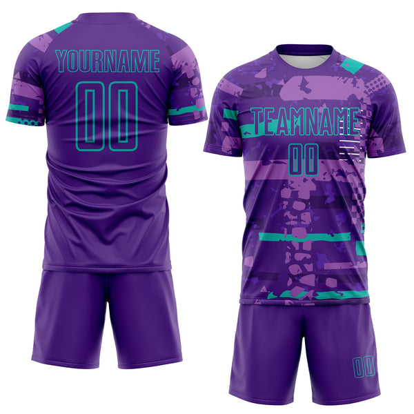Custom Purple Aqua-Green Abstract Geometric Stripe Fragment Sublimation Soccer Uniform Jersey alternate