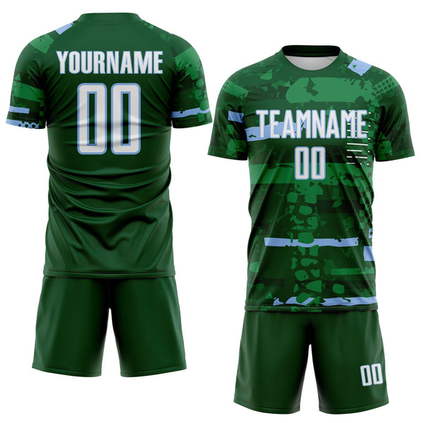 Custom Green White-Light Blue Abstract Geometric Stripe Fragment Sublimation Soccer Uniform Jersey alternate