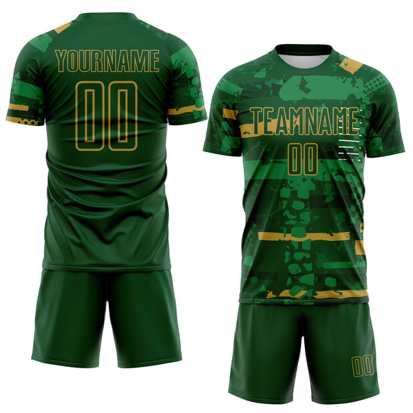 Custom Green-Old Gold Abstract Geometric Stripe Fragment Sublimation Soccer Uniform Jersey alternate