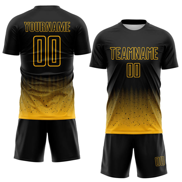 Custom Black-Gold Fade Wave Lines Splatter Sublimation Soccer Uniform Jersey alternate