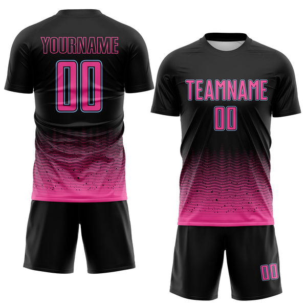 Custom Black Pink-Light Blue Fade Wave Lines Splatter Sublimation Soccer Uniform Jersey alternate