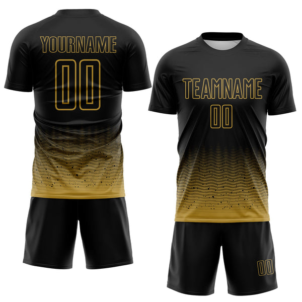Custom Black-Old Gold Fade Wave Lines Splatter Sublimation Soccer Uniform Jersey alternate