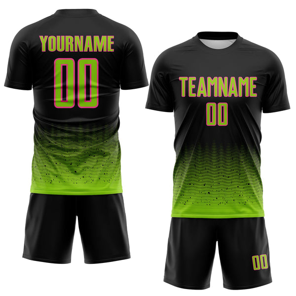 Custom Black Neon Green-Pink Fade Wave Lines Splatter Sublimation Soccer Uniform Jersey alternate
