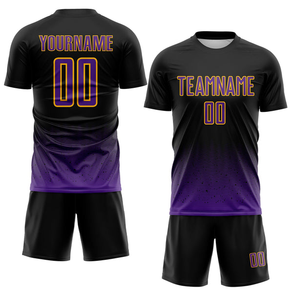 Custom Black Purple-Gold Fade Wave Lines Splatter Sublimation Soccer Uniform Jersey alternate