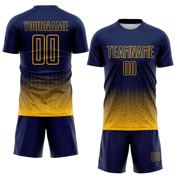 Custom Navy-Gold Fade Wave Lines Splatter Sublimation Soccer Uniform Jersey alternate