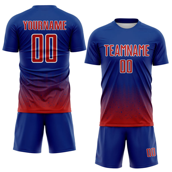 Custom Royal Red-White Fade Wave Lines Splatter Sublimation Soccer Uniform Jersey alternate