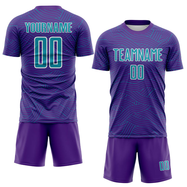 Custom Purple Teal-White Abstract Wave Lines Interlocking Sublimation Soccer Uniform Jersey alternate