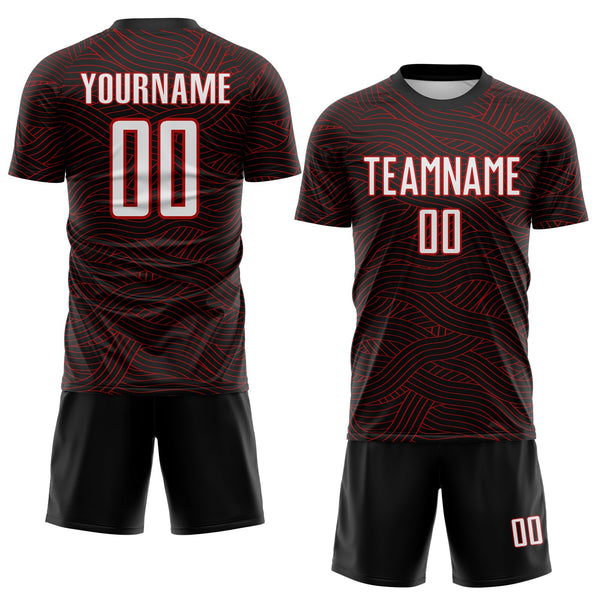 Custom Black White-Red Abstract Wave Lines Interlocking Sublimation Soccer Uniform Jersey alternate