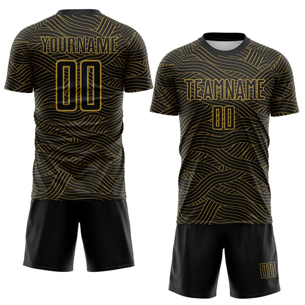 Custom Black-Old Gold Abstract Wave Lines Interlocking Sublimation Soccer Uniform Jersey alternate