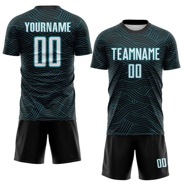 Custom Black White-Teal Abstract Wave Lines Interlocking Sublimation Soccer Uniform Jersey alternate