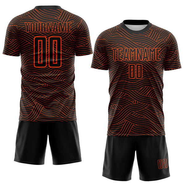 Custom Black-Orange Abstract Wave Lines Interlocking Sublimation Soccer Uniform Jersey alternate