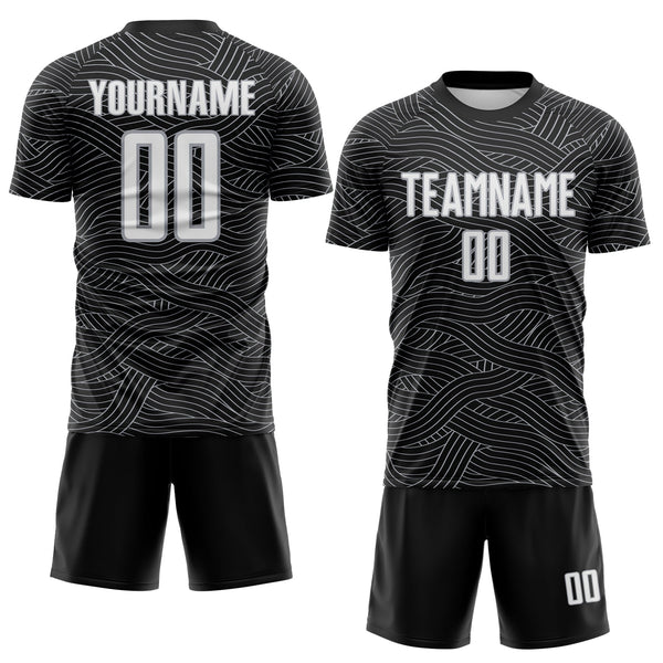 Custom Black White-Gray Abstract Wave Lines Interlocking Sublimation Soccer Uniform Jersey alternate