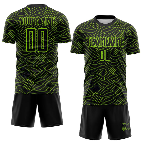Custom Black-Neon Green Abstract Wave Lines Interlocking Sublimation Soccer Uniform Jersey alternate