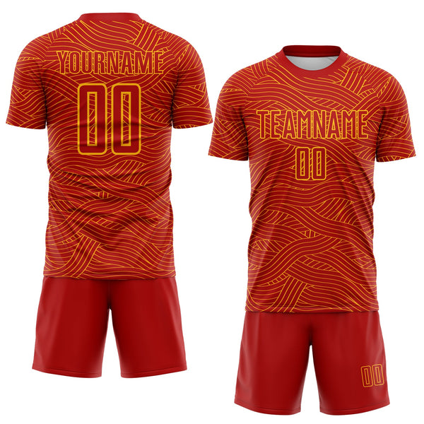 Custom Red-Gold Abstract Wave Lines Interlocking Sublimation Soccer Uniform Jersey alternate