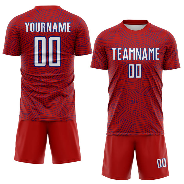 Custom Red White-Royal Abstract Wave Lines Interlocking Sublimation Soccer Uniform Jersey alternate