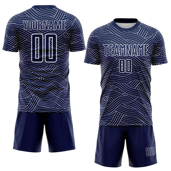 Custom Navy-White Abstract Wave Lines Interlocking Sublimation Soccer Uniform Jersey alternate