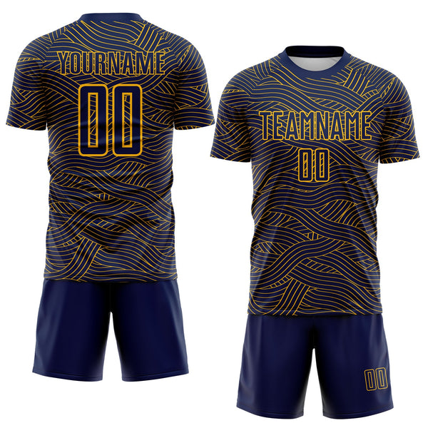 Custom Navy-Gold Abstract Wave Lines Interlocking Sublimation Soccer Uniform Jersey alternate