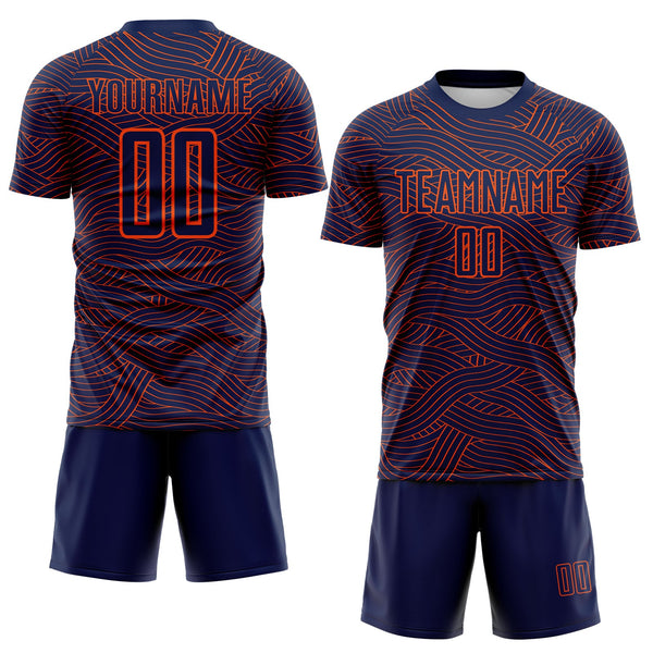 Custom Navy-Orange Abstract Wave Lines Interlocking Sublimation Soccer Uniform Jersey alternate