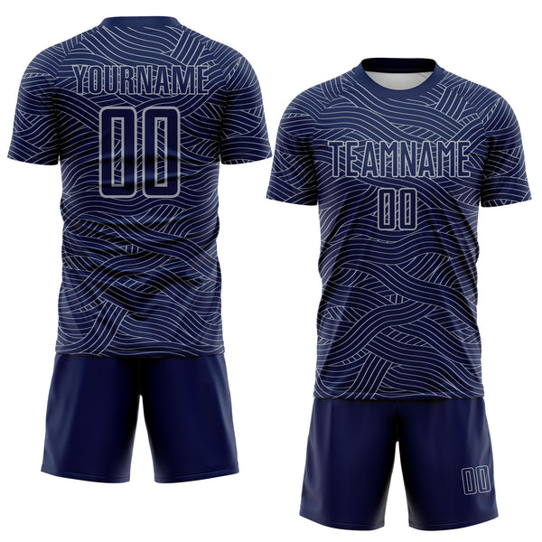 Custom Navy-Gray Abstract Wave Lines Interlocking Sublimation Soccer Uniform Jersey alternate