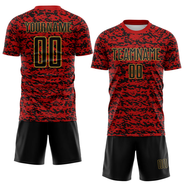 Custom Red Black-Old Gold Geometric Fragment Splatter Sublimation Soccer Uniform Jersey alternate