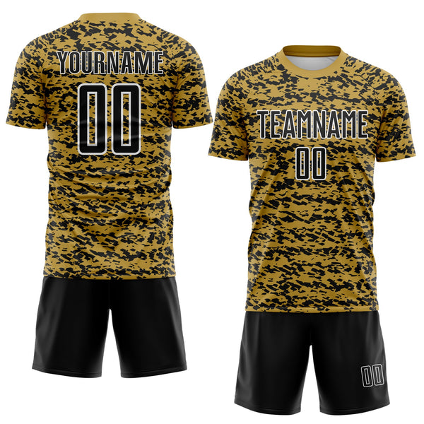 Custom Old Gold Black-White Geometric Fragment Splatter Sublimation Soccer Uniform Jersey alternate