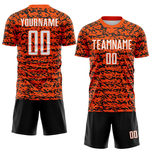Custom Orange White-Black Geometric Fragment Splatter Sublimation Soccer Uniform Jersey alternate