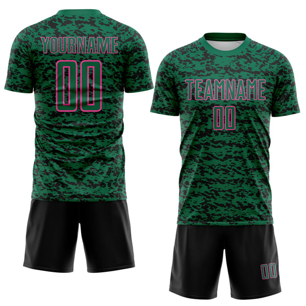 Custom Kelly Green Black-Pink Geometric Fragment Splatter Sublimation Soccer Uniform Jersey alternate