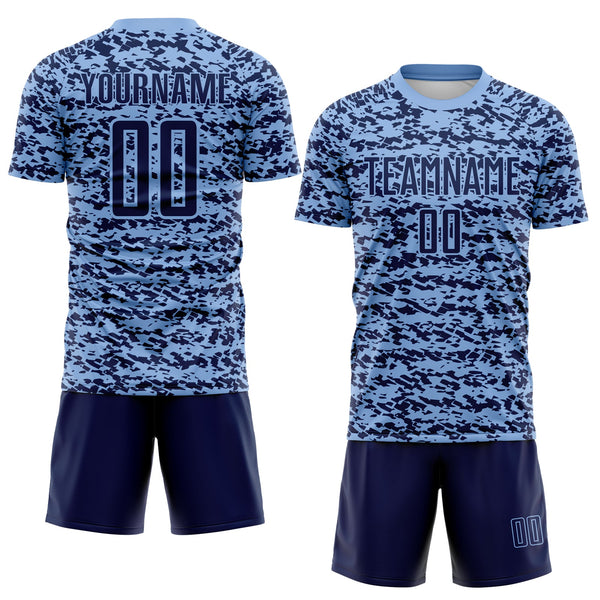 Custom Light Blue-Navy Geometric Fragment Splatter Sublimation Soccer Uniform Jersey alternate