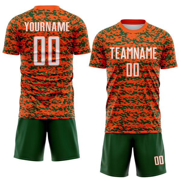 Custom Orange White-Green Geometric Fragment Splatter Sublimation Soccer Uniform Jersey alternate