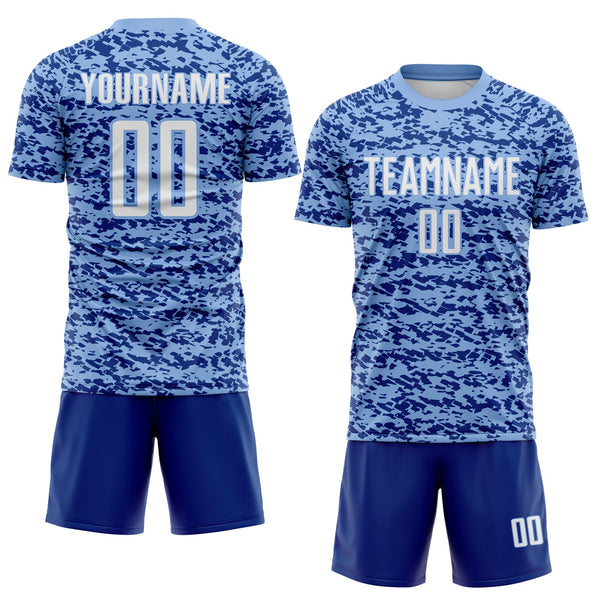 Custom Light Blue White-Royal Geometric Fragment Splatter Sublimation Soccer Uniform Jersey alternate
