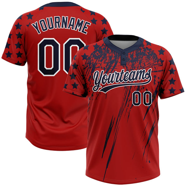 Custom Red Navy-White Distressed Scratch Brush Stroke Star Raglan Sleeves Two-Button Unisex Softball Jersey