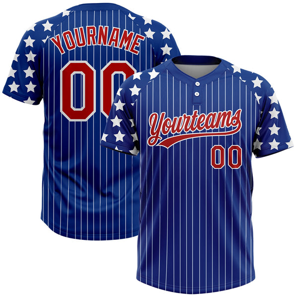 Custom Royal White Pinstripe Red Star Raglan Sleeves Two-Button Unisex Softball Jersey
