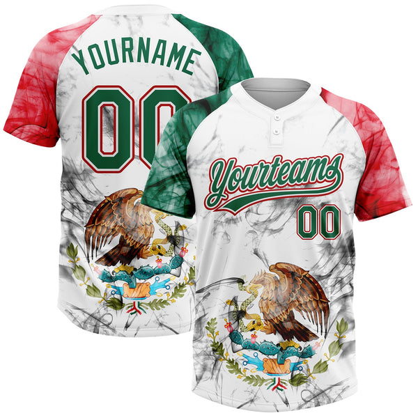 Custom White Kelly Green-Red Mexico Two-Button Unisex Softball Jersey