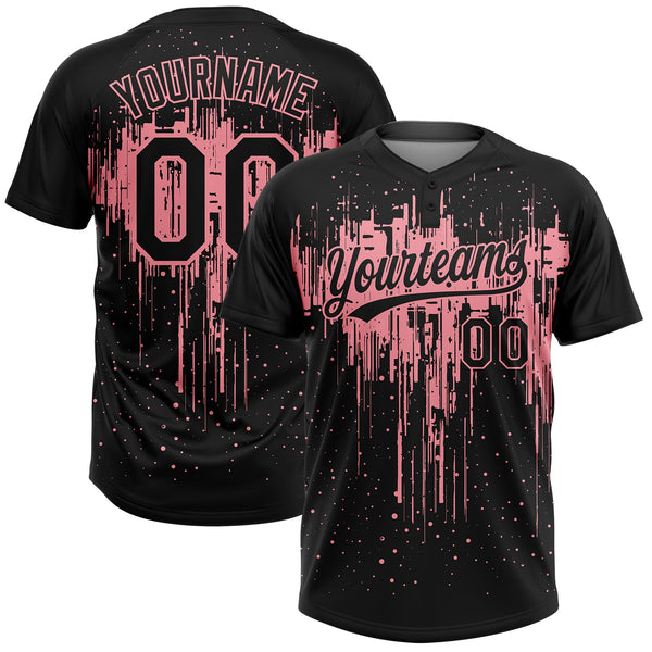 Custom Black Medium Pink Dripping Splatter Paint Two-Button Unisex Softball Jersey