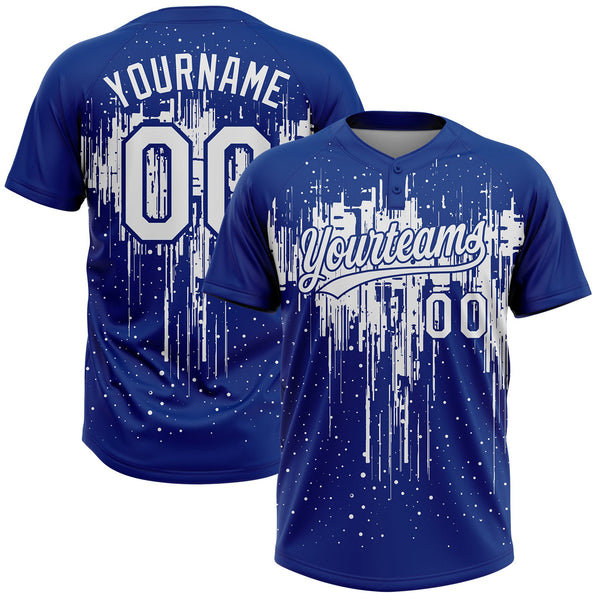 Custom Royal White Dripping Splatter Paint Two-Button Unisex Softball Jersey