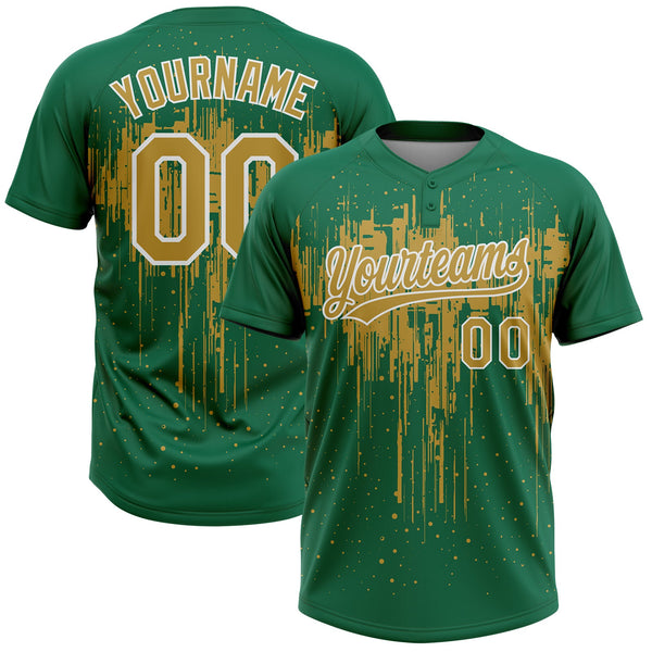 Custom Kelly Green Old Gold-White Dripping Splatter Paint Two-Button Unisex Softball Jersey