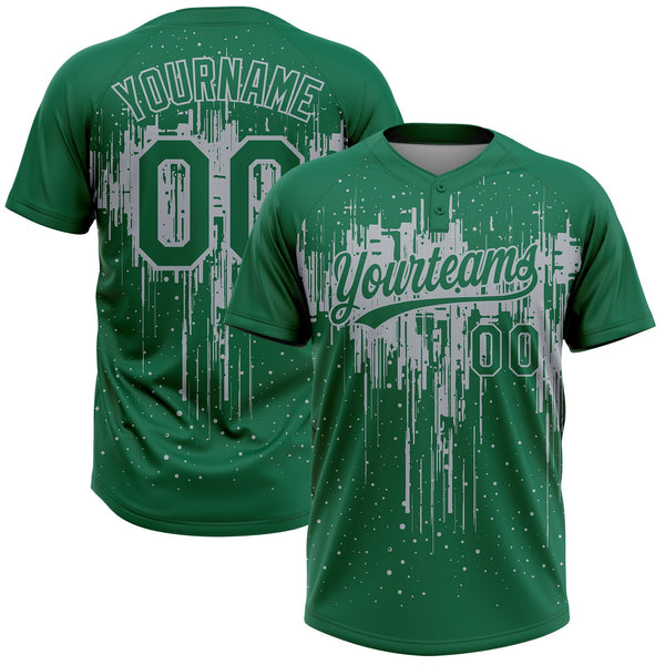 Custom Kelly Green Gray Dripping Splatter Paint Two-Button Unisex Softball Jersey