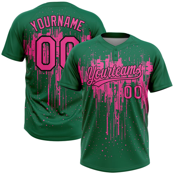 Custom Kelly Green Pink-Black Dripping Splatter Paint Two-Button Unisex Softball Jersey
