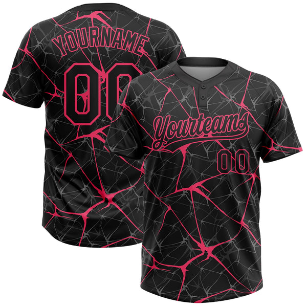 Custom Black Neon Pink Abstract Network Two-Button Unisex Softball Jersey